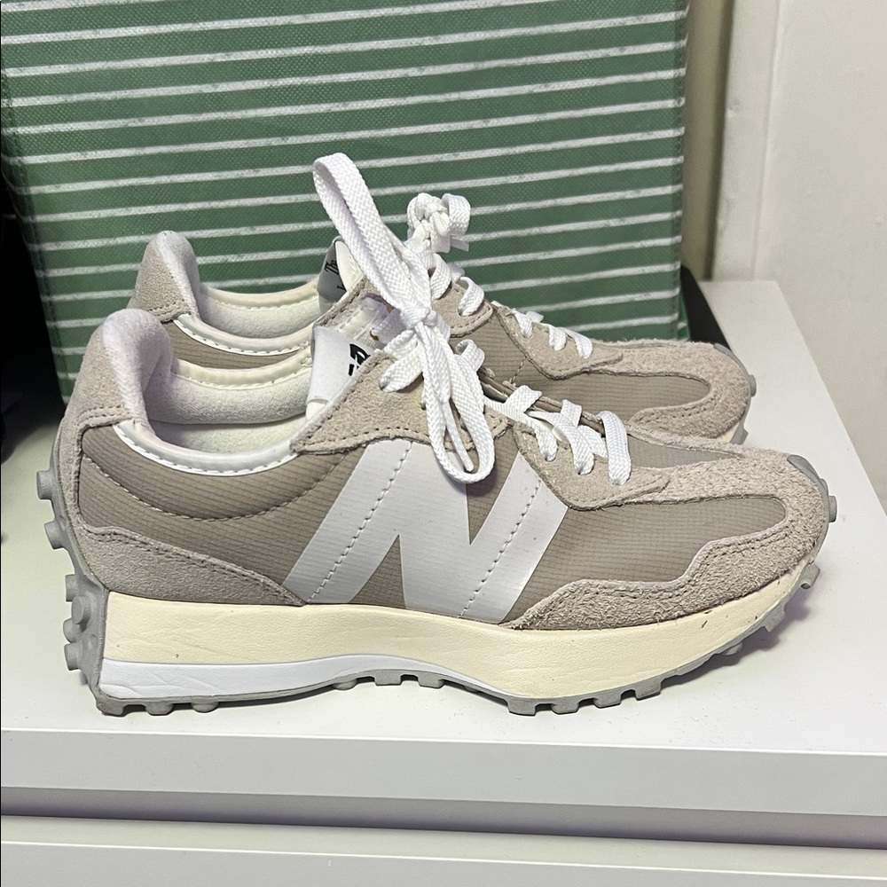 New Balance Taupe and White Sneakers